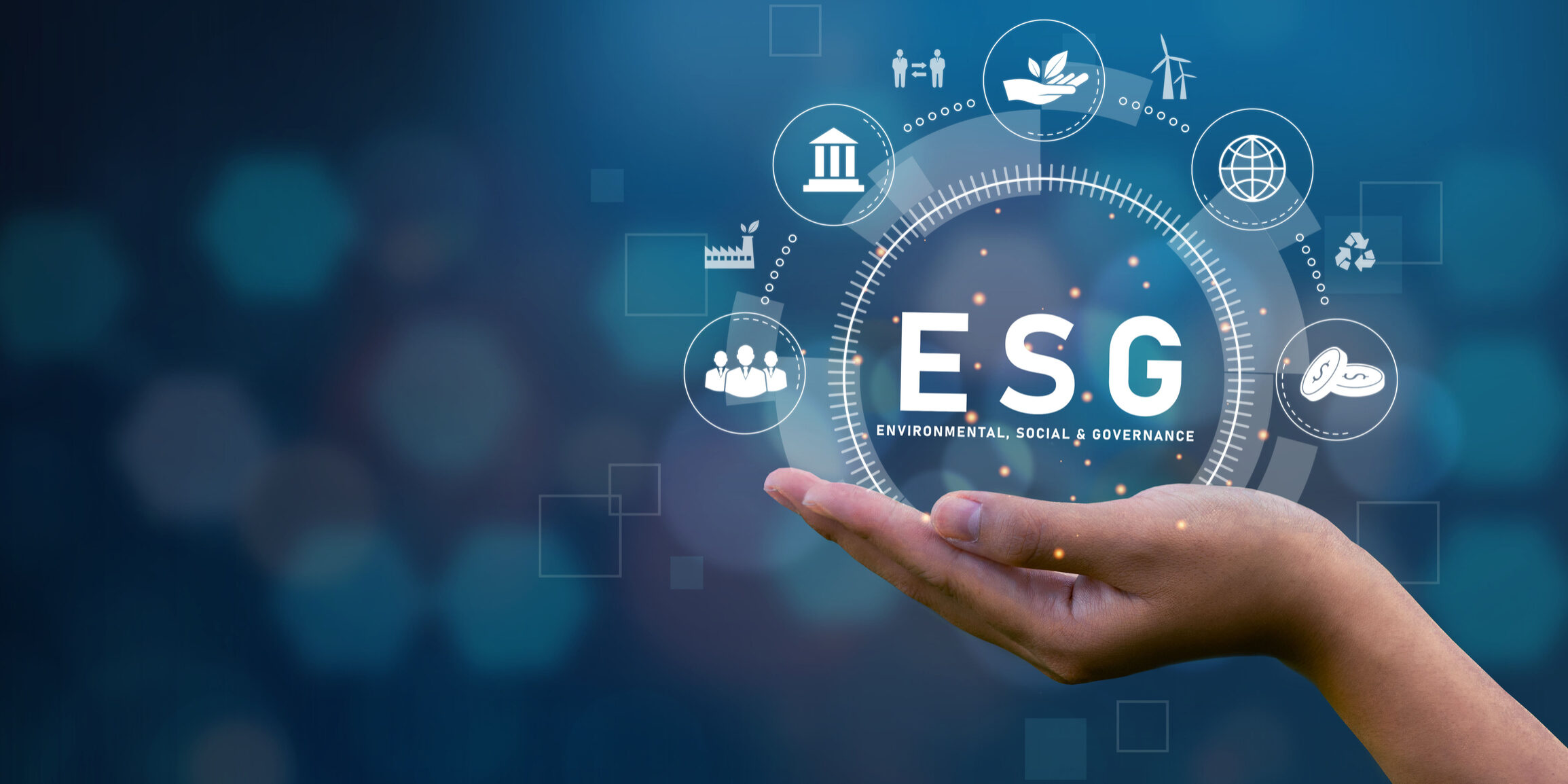 ESG Concepts on Environment, Society and Governance on technology palm with icon on blue background ESG Social Environment Press a button on the screen.